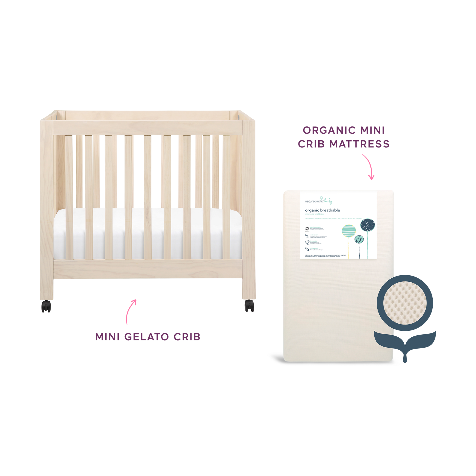 babyletto x Naturepedic Mini Origami Crib & Mini Organic Mattress Bundle - Washed Natural.