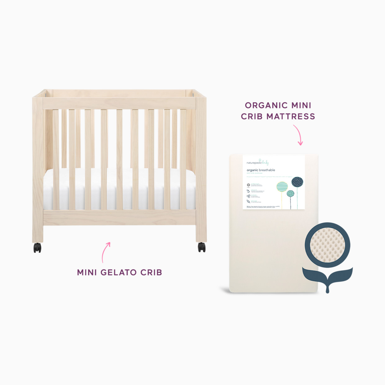 babyletto x Naturepedic Mini Origami Crib & Mini Organic Mattress Bundle - Washed Natural.