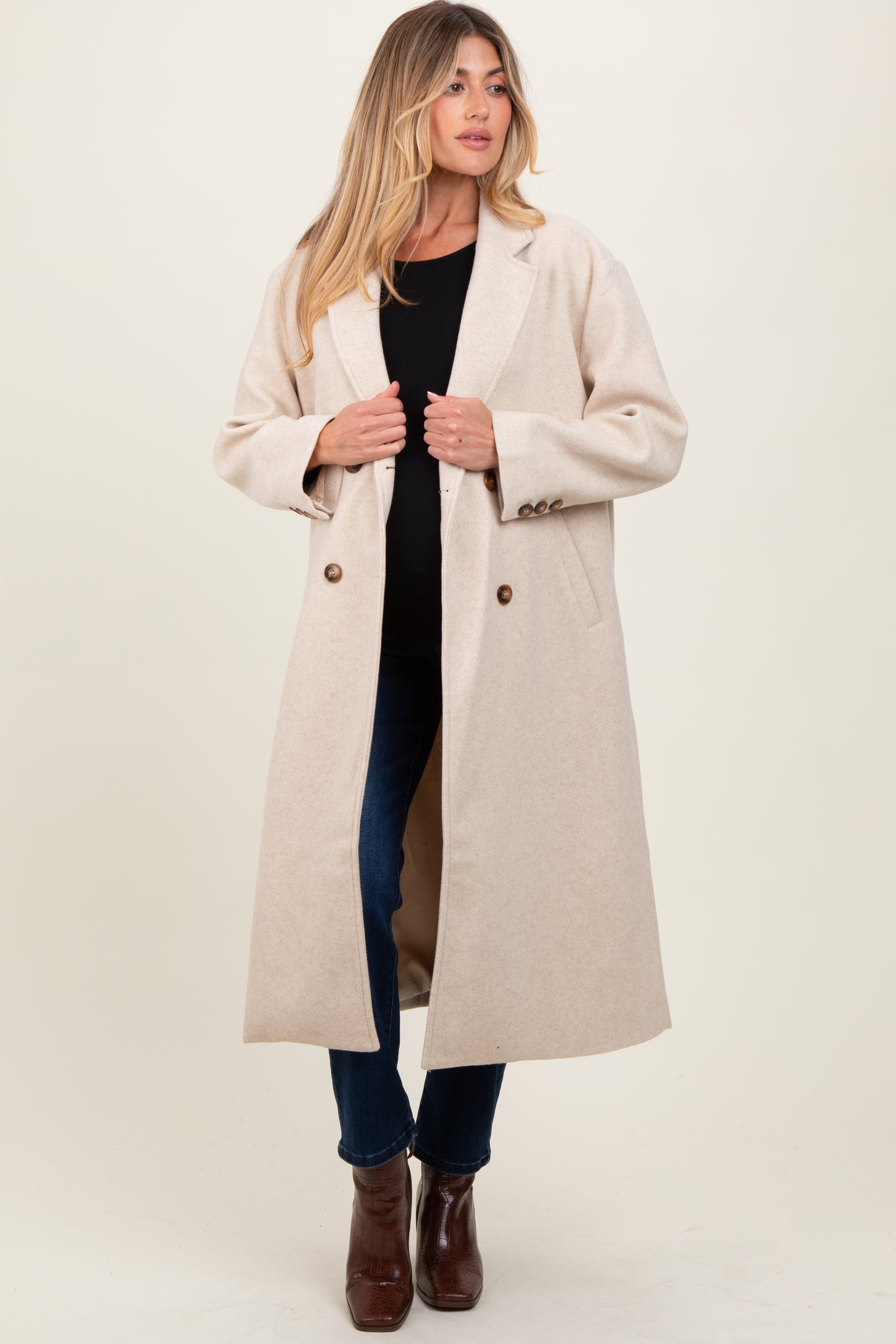 Charcoal Felted Double Breasted Lapel Duster Maternity Coat.