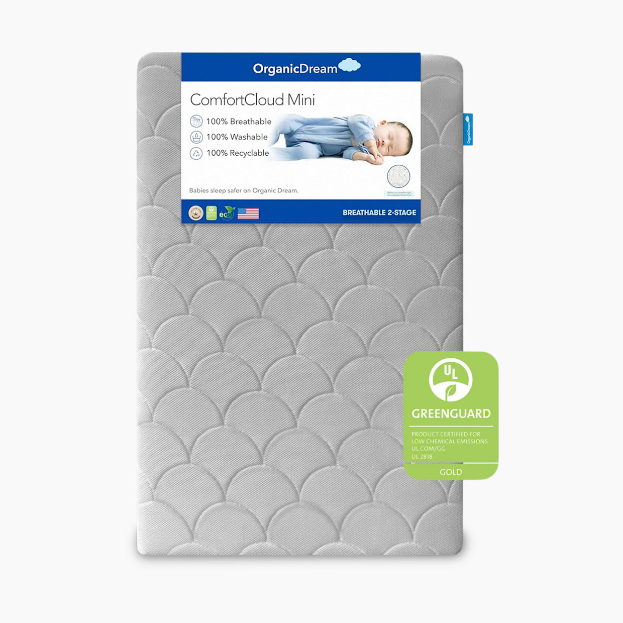 Organic Dream Mini Crib Size ComfortCloud 2-Stage Mattress - Moonlight Gray, Mini Crib Mattress.