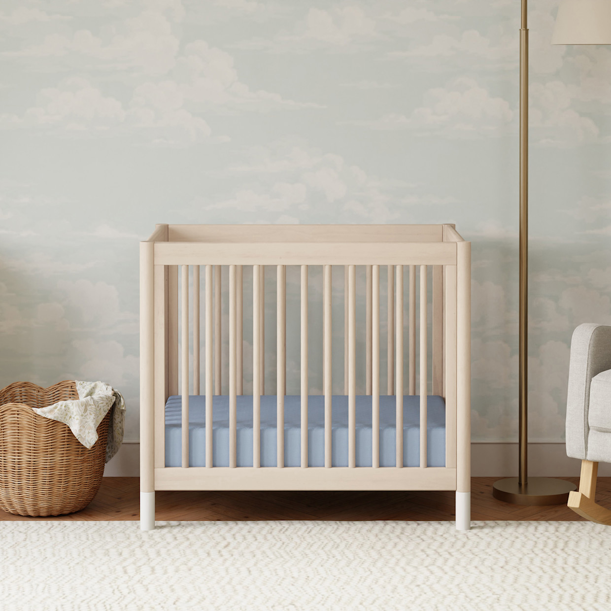 babyletto Gelato 4-in-1 Convertible Mini Crib - Washed Natural Finish With White Feet.