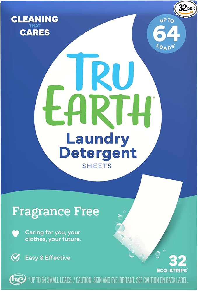 Tru Earth Hypoallergenic, Laundry Detergent Sheets/Eco-Strips for Sensitive Skin, 32 Count (Up to 64 Loads).