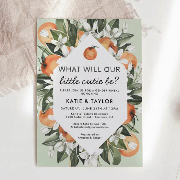 Sweet Rain Paperie Little Cutie Gender Reveal Party Invitation.