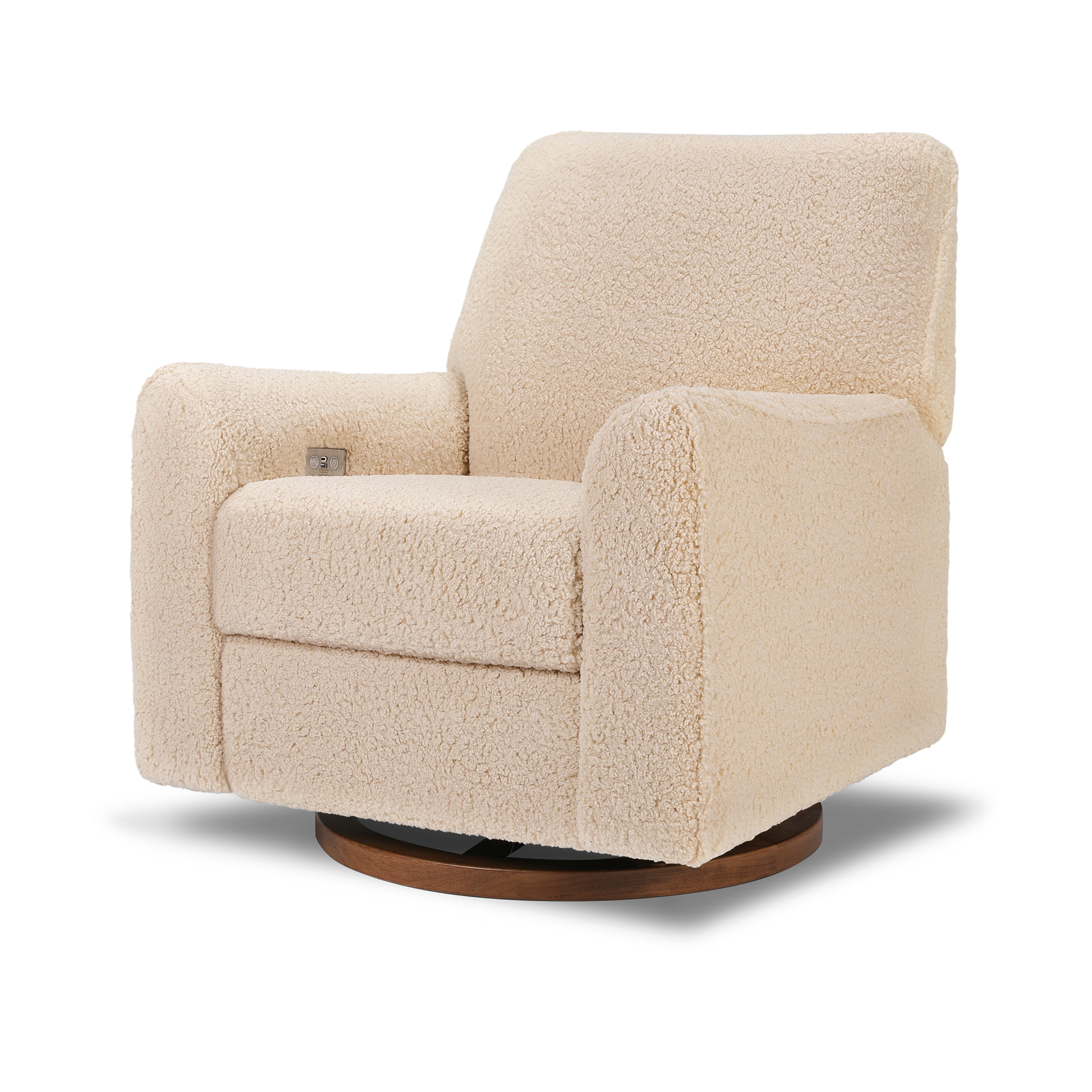 Nursery Works Sunday Power Recliner and Swivel Glider - Chai Shearling With Dark Wood Base.