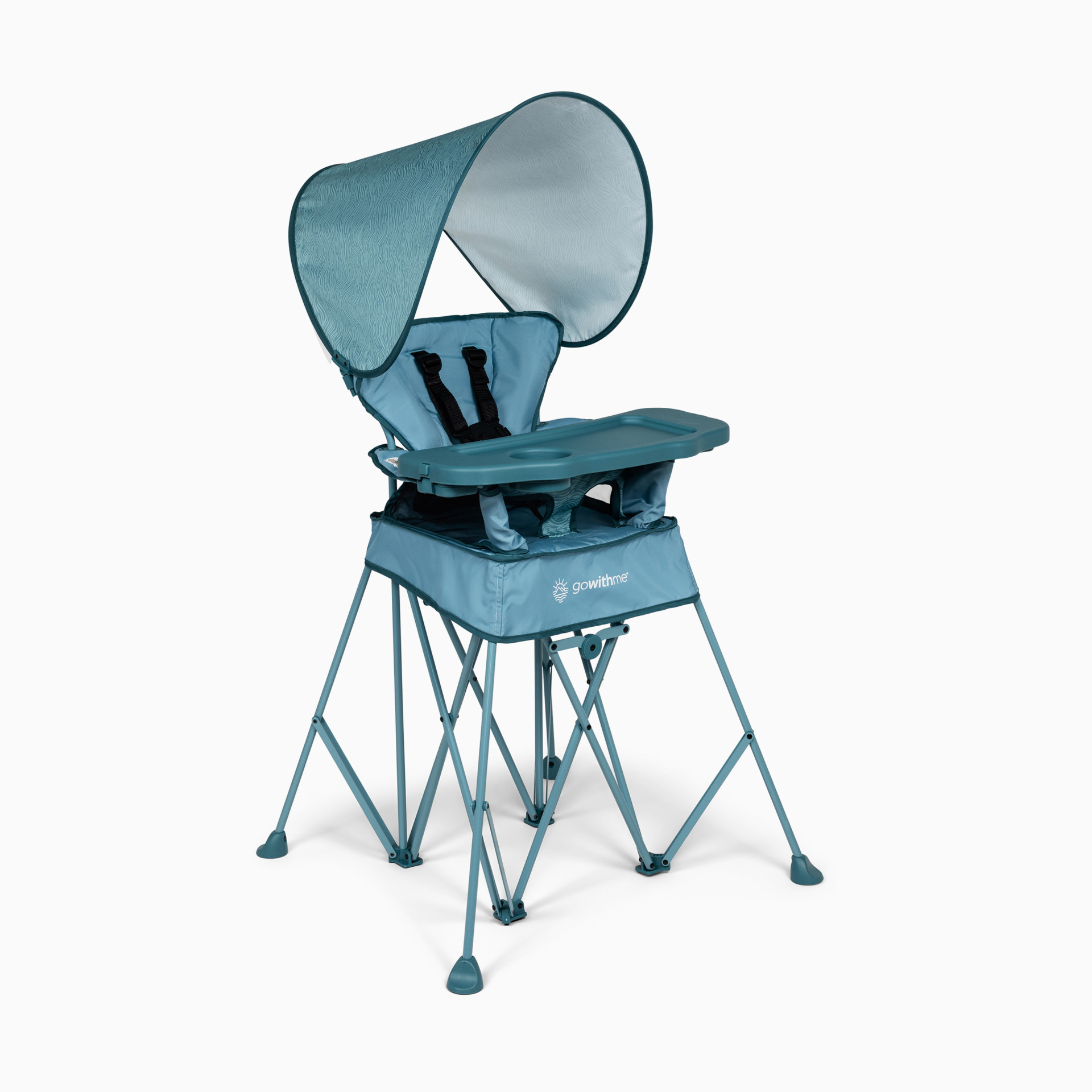 Blue portable high chair with canopy on a plain background.