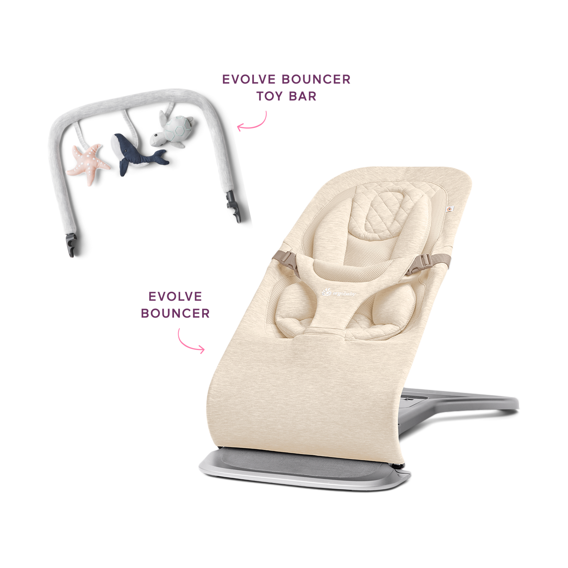 Ergobaby Evolve Bouncer & Toy Bar Bundle - Cream & Gray.
