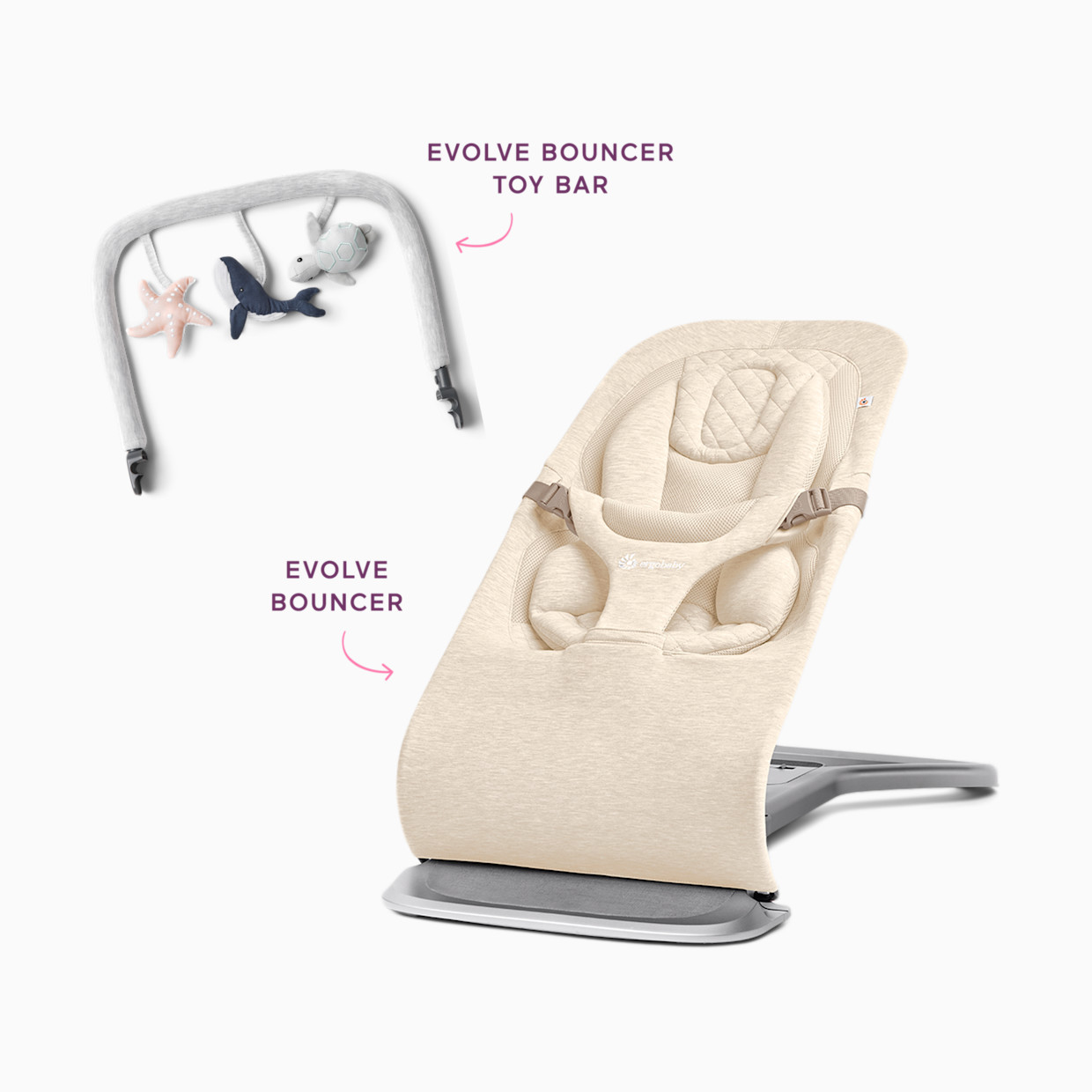 Ergobaby Evolve Bouncer & Toy Bar Bundle - Cream & Gray.