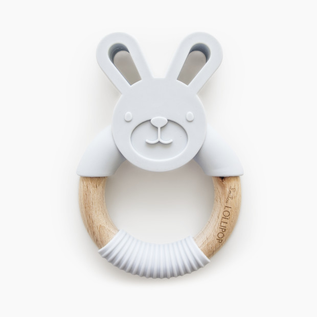 Loulou Lollipop Bunny Silicone and Wood Teething Ring - Light Grey.