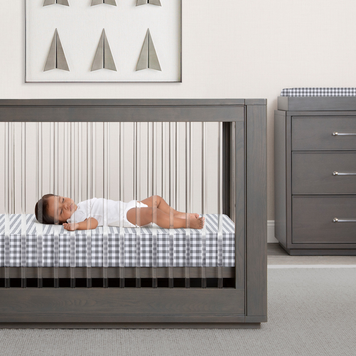 Bellini Organic Jersey Cotton Crib Sheet and Changing Pad Cover Set - Grey Gingham.