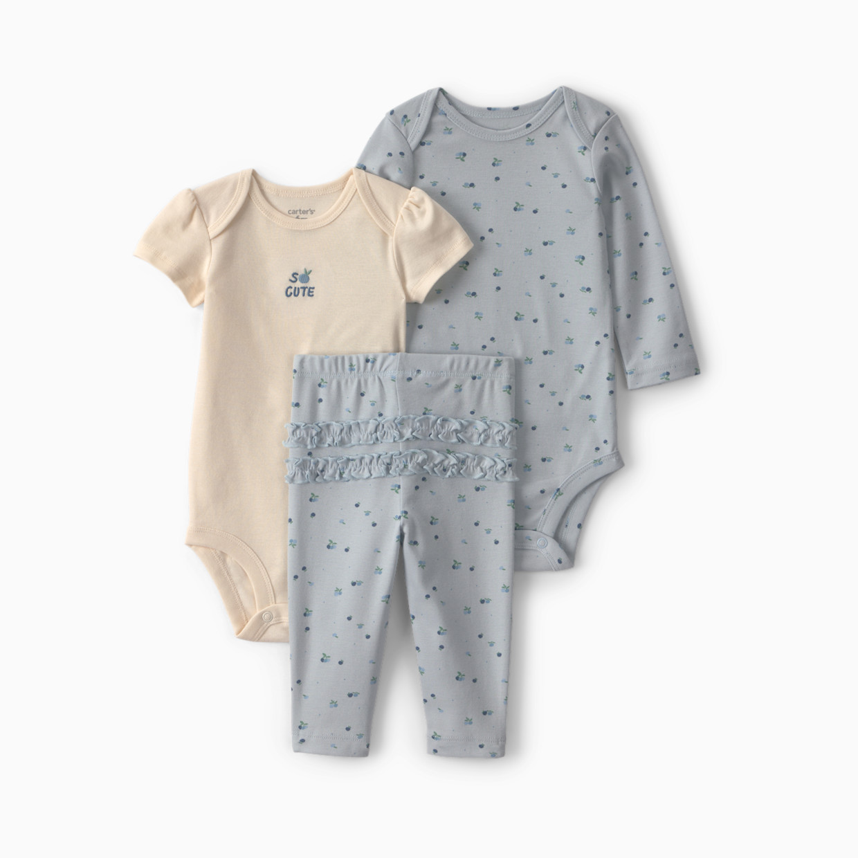 Carter's 3-Piece Bodysuit & Pant Gift Set - Blue/Ivory Blueberry, 6M.