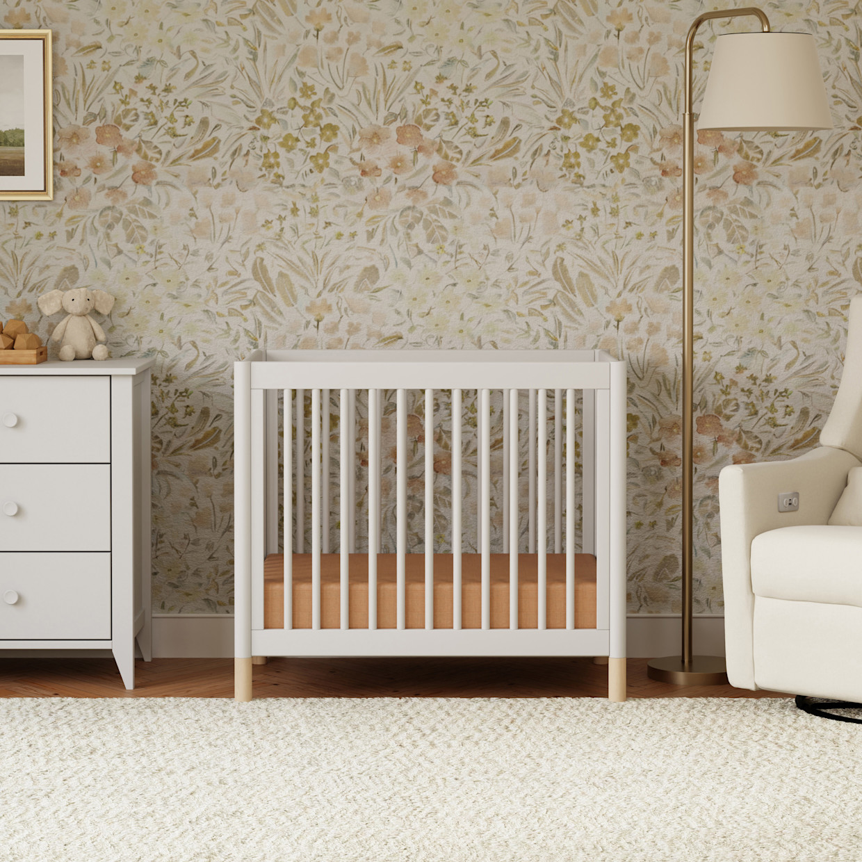 babyletto Gelato 4-in-1 Convertible Mini Crib - White Finish With Washed Natural Feet.