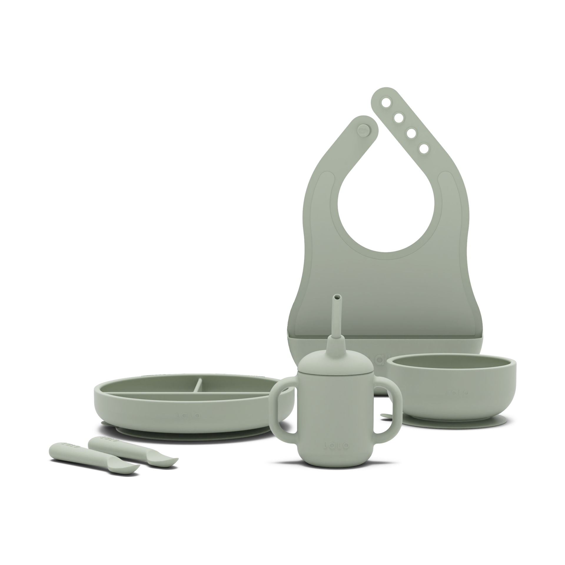 Lalo First Bites Silicone Baby Feeding Set - Baby Led Weaning Supplies - Non-Toxic Silicone - Includes 1 Bib, 2 Spoons, Training Cup, Suction Plate and Bowl - 6 Pieces - Sage
