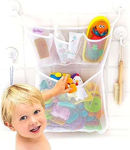 Tub Cubby Mesh Bath Toy Storage Organizer with Suction and Hooks.