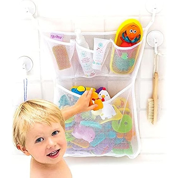 Tub Cubby Mesh Bath Toy Storage Organizer with Suction and Hooks.