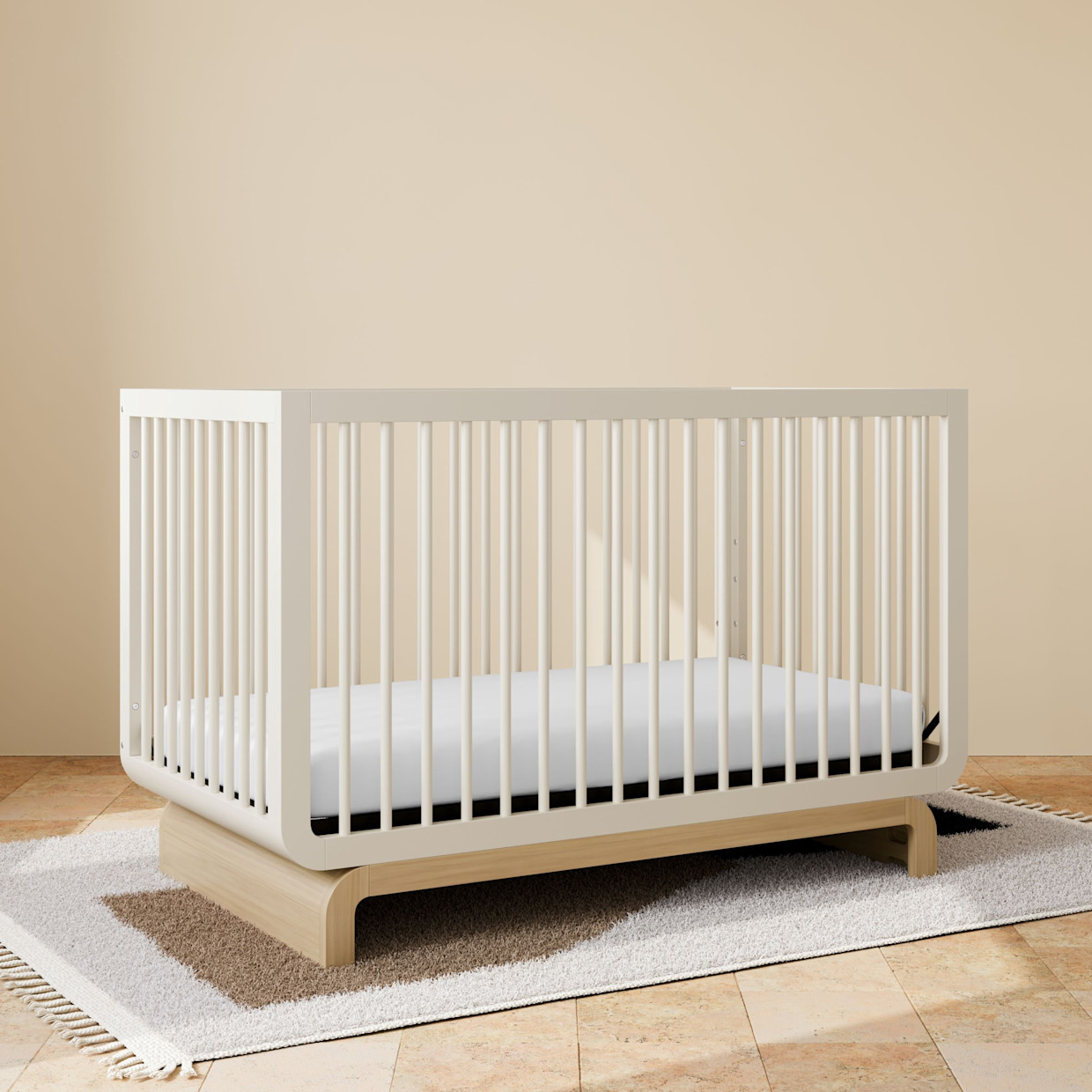 Storkcraft Santorini Deluxe 5-in-1 Convertible Crib - Frosted Oat With Driftwood.
