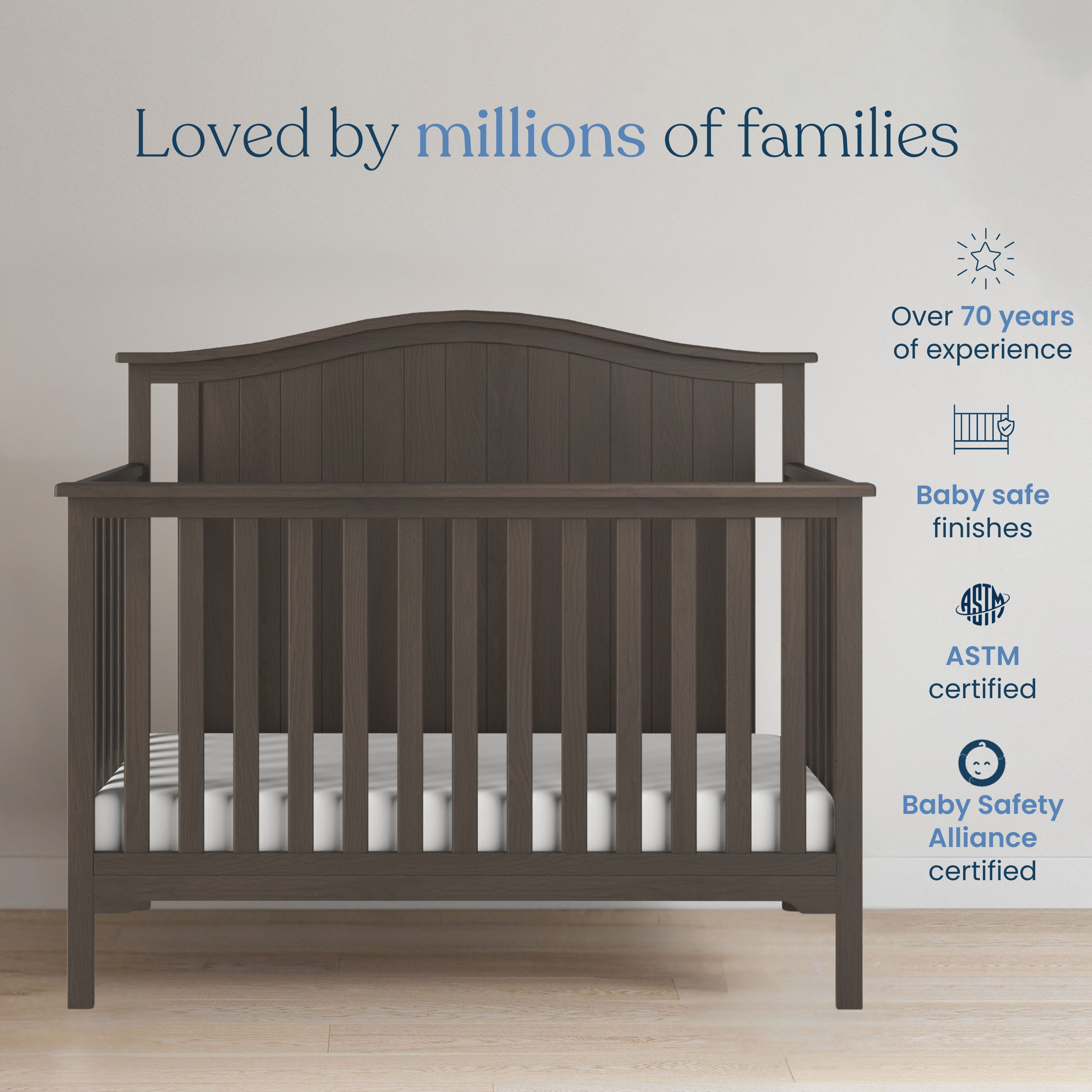 Child Craft Hampton Arch Top 4-In-1 Convertible Crib - Dapper Grey.