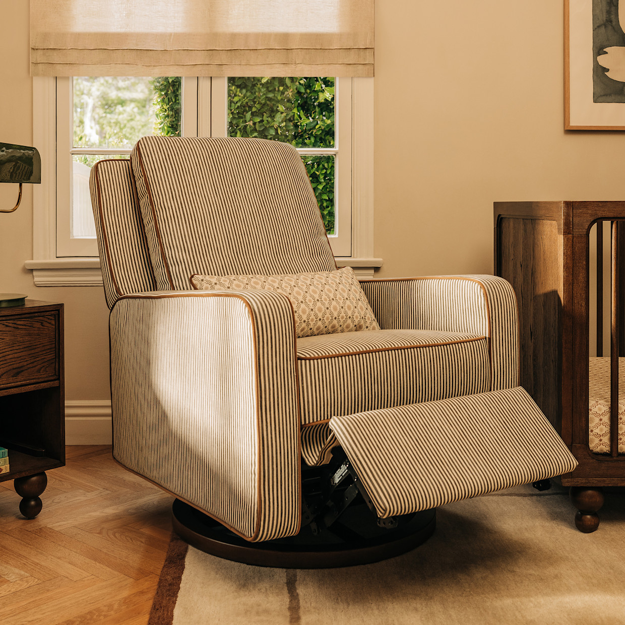 babyletto Sigi Electronic Recliner and Glider by Nate Berkus - Performance Olive Stripe Eco-Crossweave With Toffee Base.