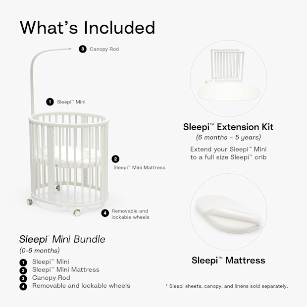 Stokke Sleepi3-in-1 Convertible Crib with Mattresses and Extension Kit.