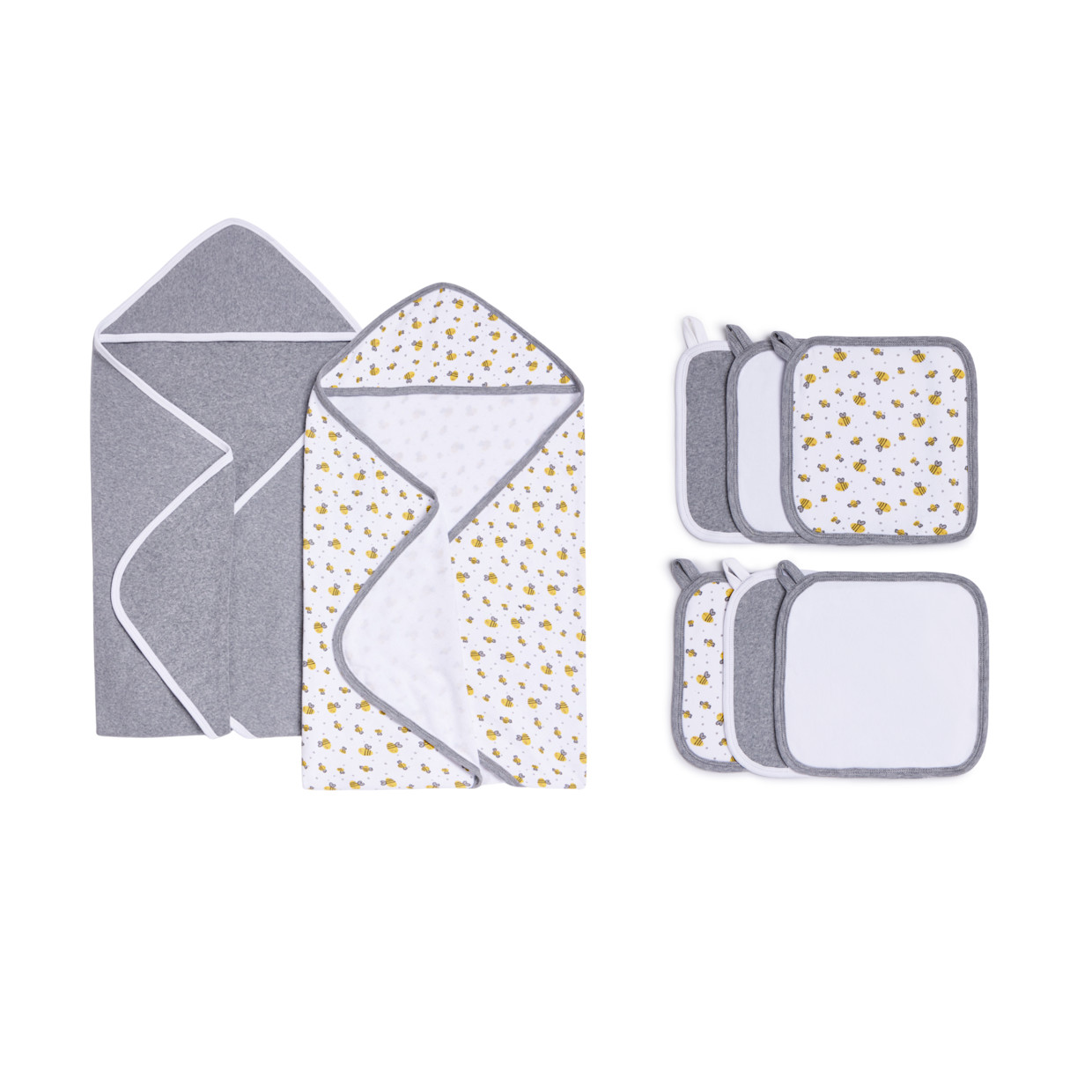 Small Story Organic Towel and Washcloth Set - Grey Bees.