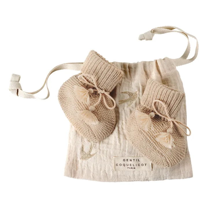 Gentil Coquelicot Knitted Booties and Embroidered Pouch.