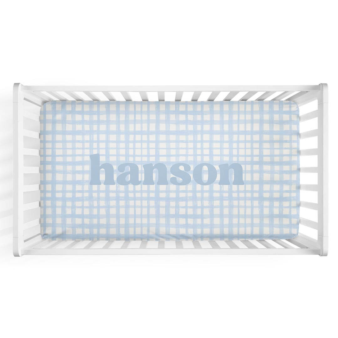 Baby Blue Plaid Personalized Crib Sheet.
