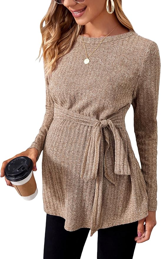 MakeMeChic Women's Maternity Casual Long Sleeve Tie.