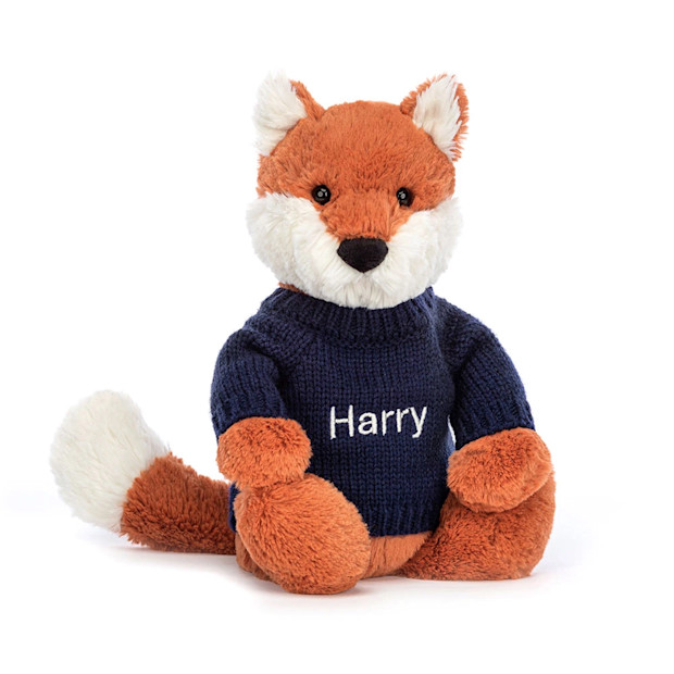 Jellycat Bashful Fox Cub with Personalized Navy Jumper.