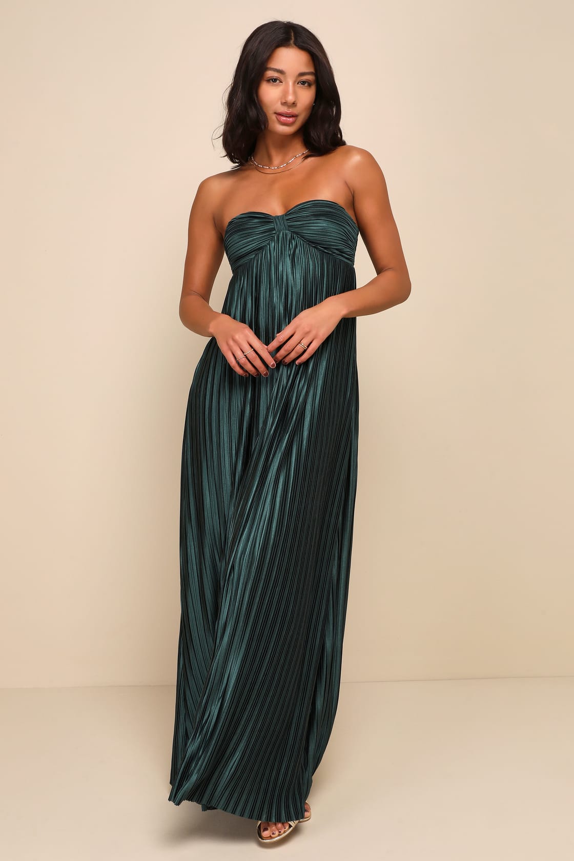 Satin Plisse Strapless Maxi Dress.