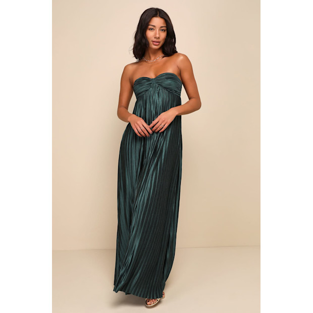 Satin Plisse Strapless Maxi Dress.