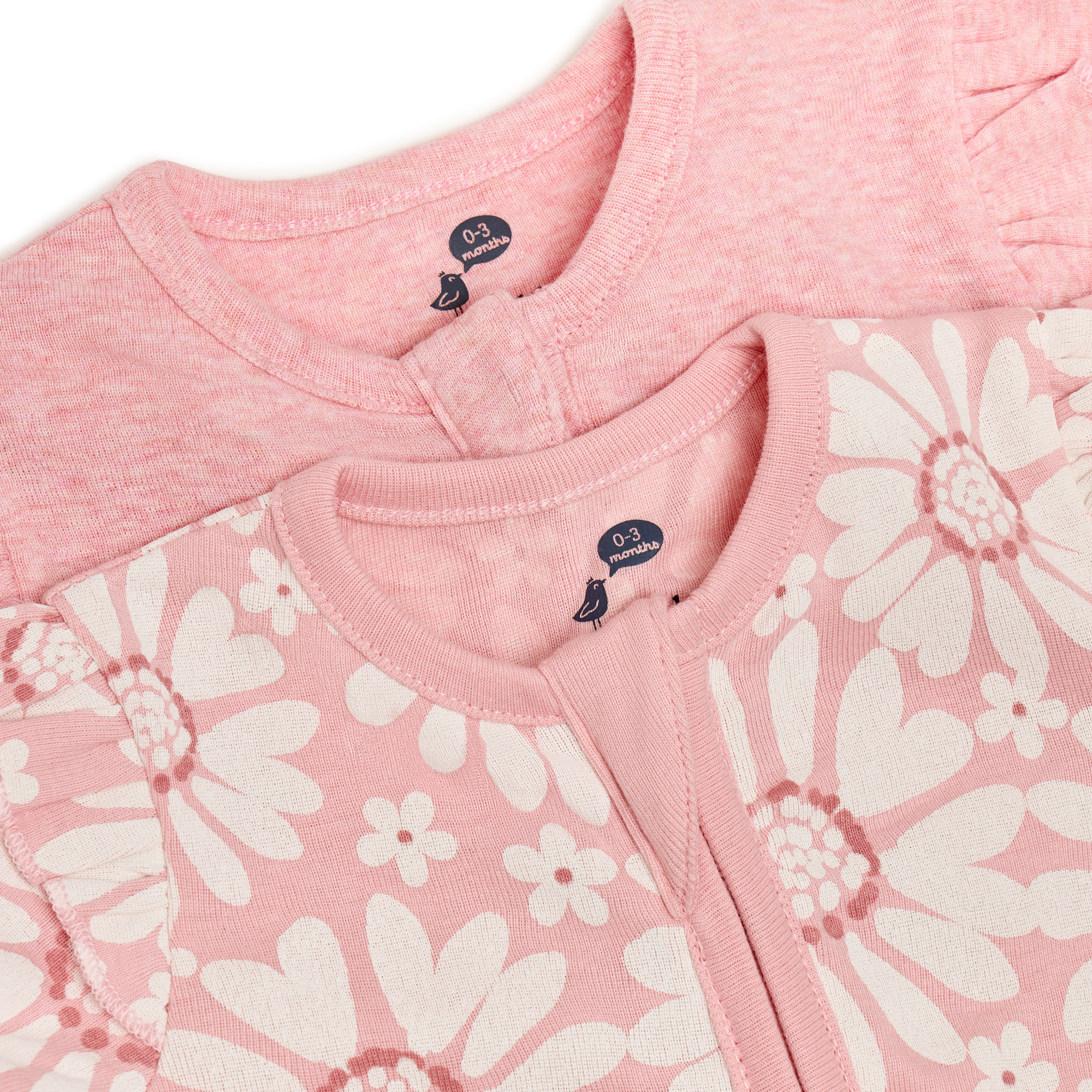 Small Story Organic Cotton Ruffle 2-Way Zip Footie (2 Pack) - Floral & Pink Heather, 3-6 M.