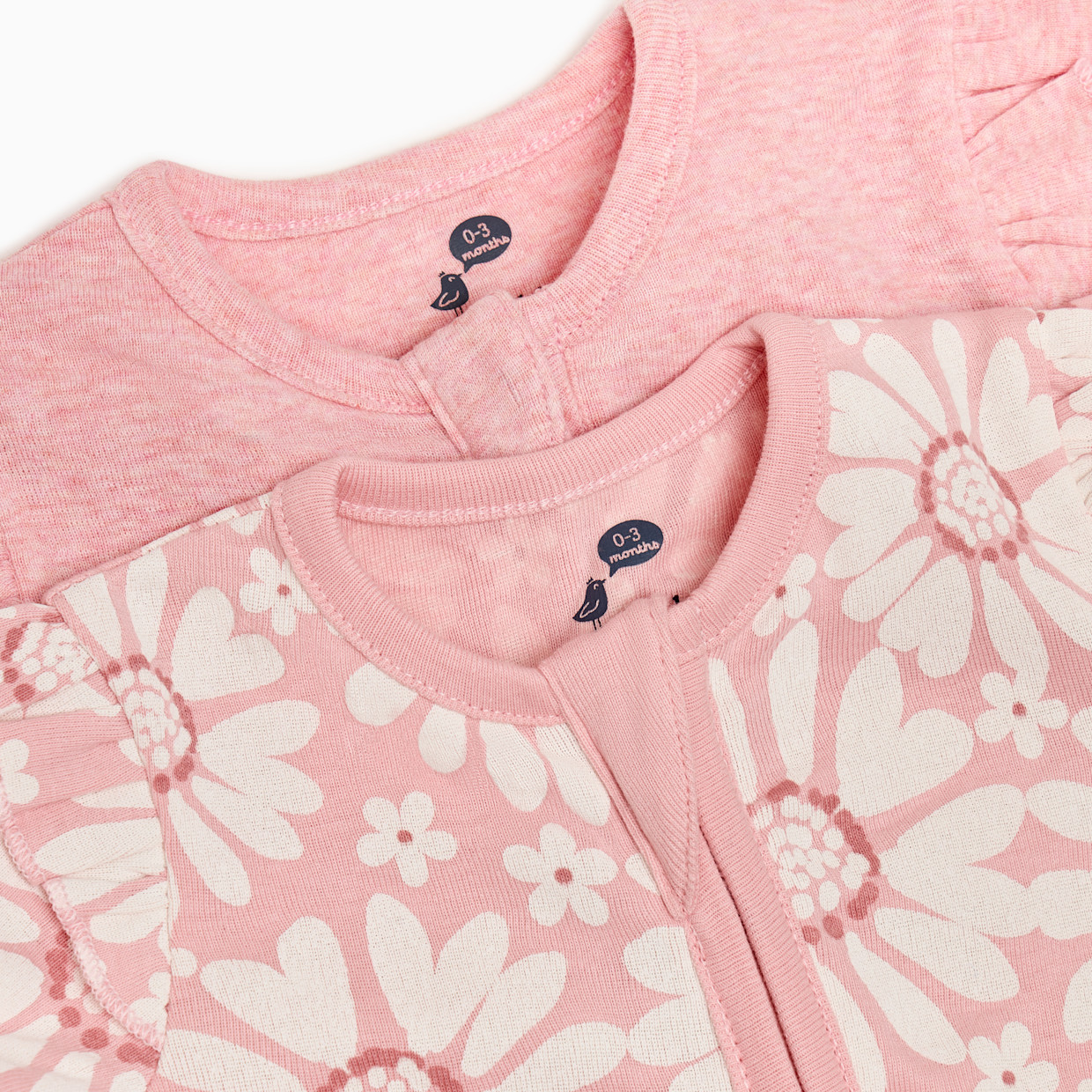 Small Story Organic Cotton Ruffle 2-Way Zip Footie (2 Pack) - Floral & Pink Heather, 3-6 M.