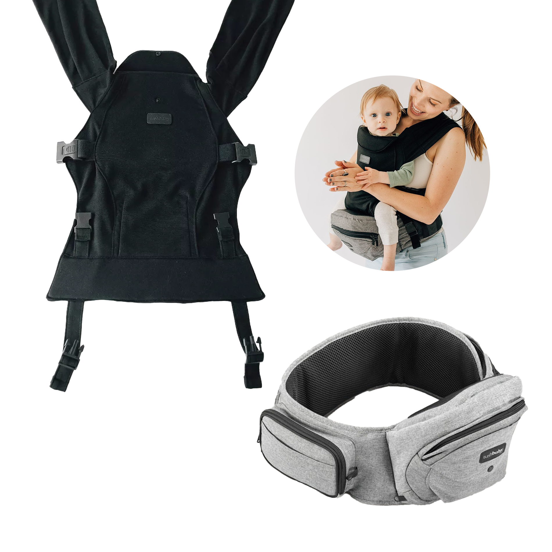 Tushbaby Hip Seat and Snug Carrier 2-in-1 Bundle - Grey, Black Snug Carrier.