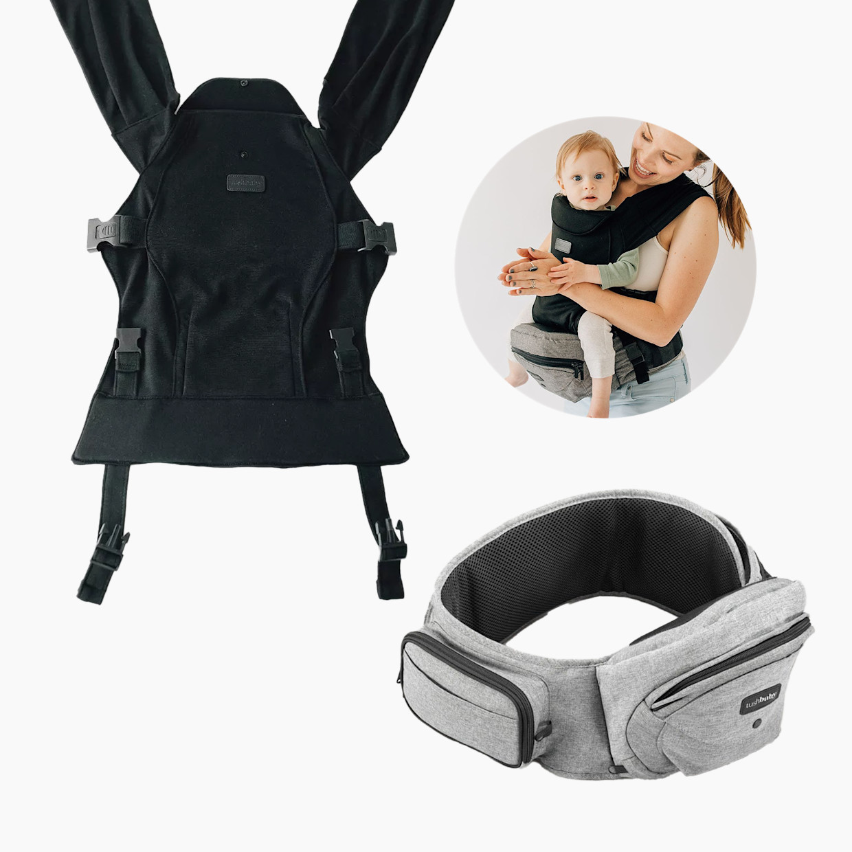 Tushbaby Hip Seat and Snug Carrier 2-in-1 Bundle - Grey, Black Snug Carrier.