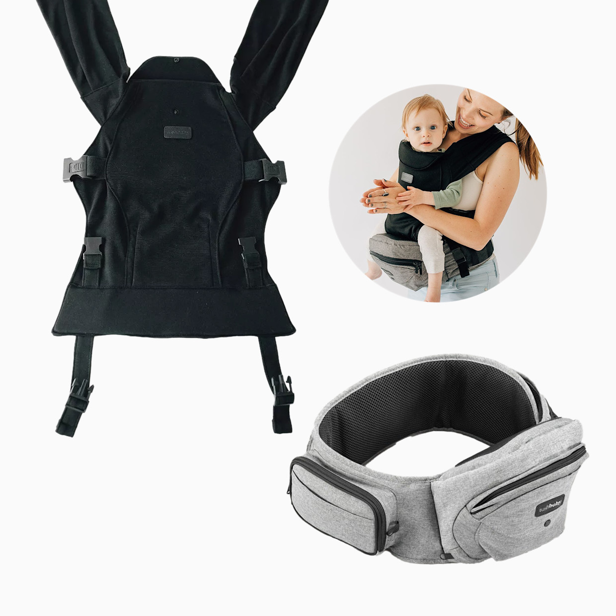 Tushbaby Hip Seat and Snug Carrier 2-in-1 Bundle - Grey, Black Snug Carrier.