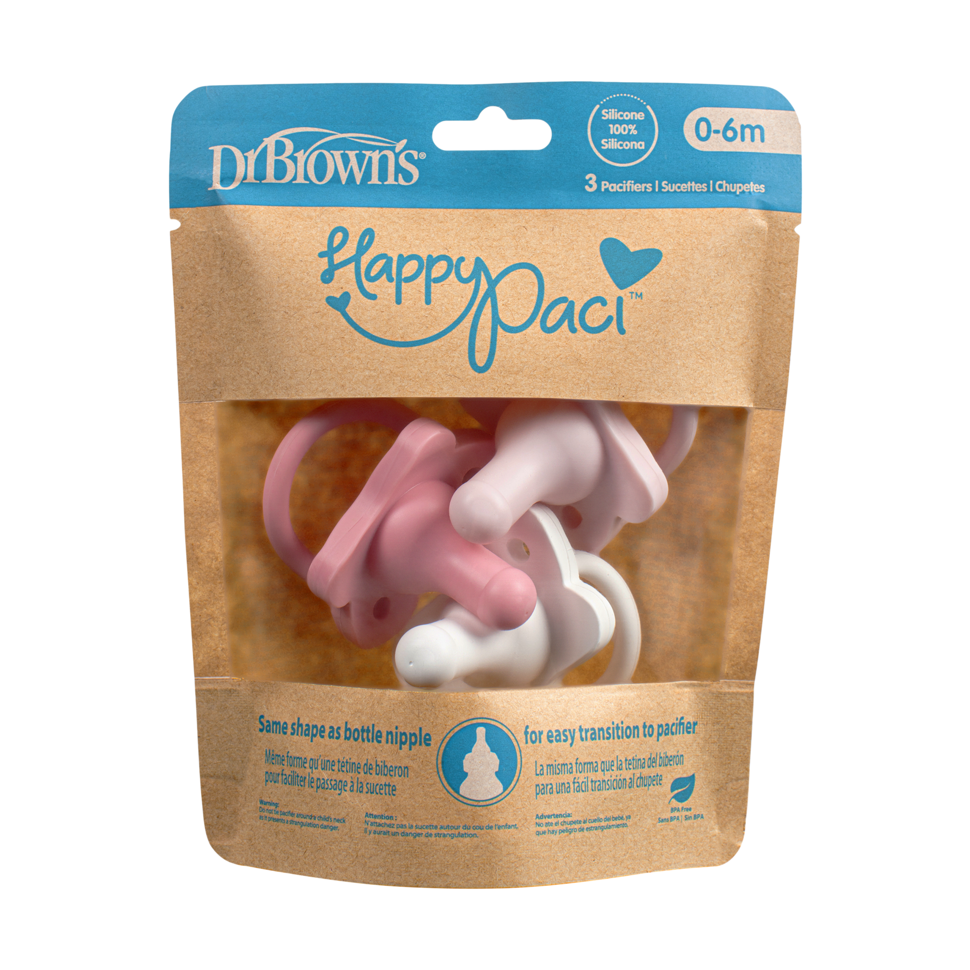 Dr. Brown's HappyPaci One-Piece Silicone Pacifier (3 Pack) - Pink, Light Pink.