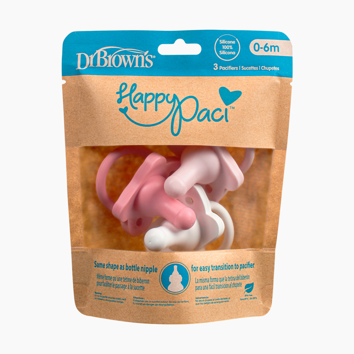 Dr. Brown's HappyPaci One-Piece Silicone Pacifier (3 Pack) - Pink, Light Pink.