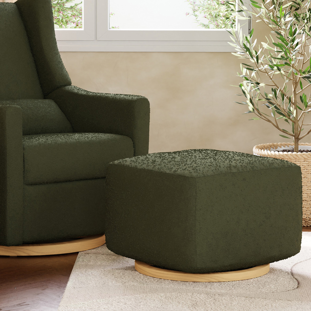 babyletto Kiwi Gliding Ottoman - Olive Boucle With Light Wood Base.