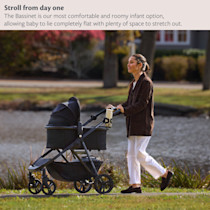 Person pushing a stroller with a bassinet attachment in an outdoor park setting