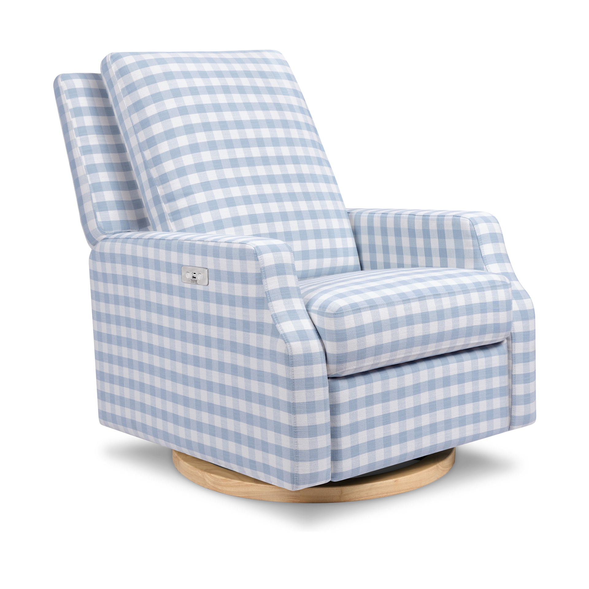 Namesake Crewe Electronic Recliner and Swivel Glider - Blue Gingham With Light Wood Base.