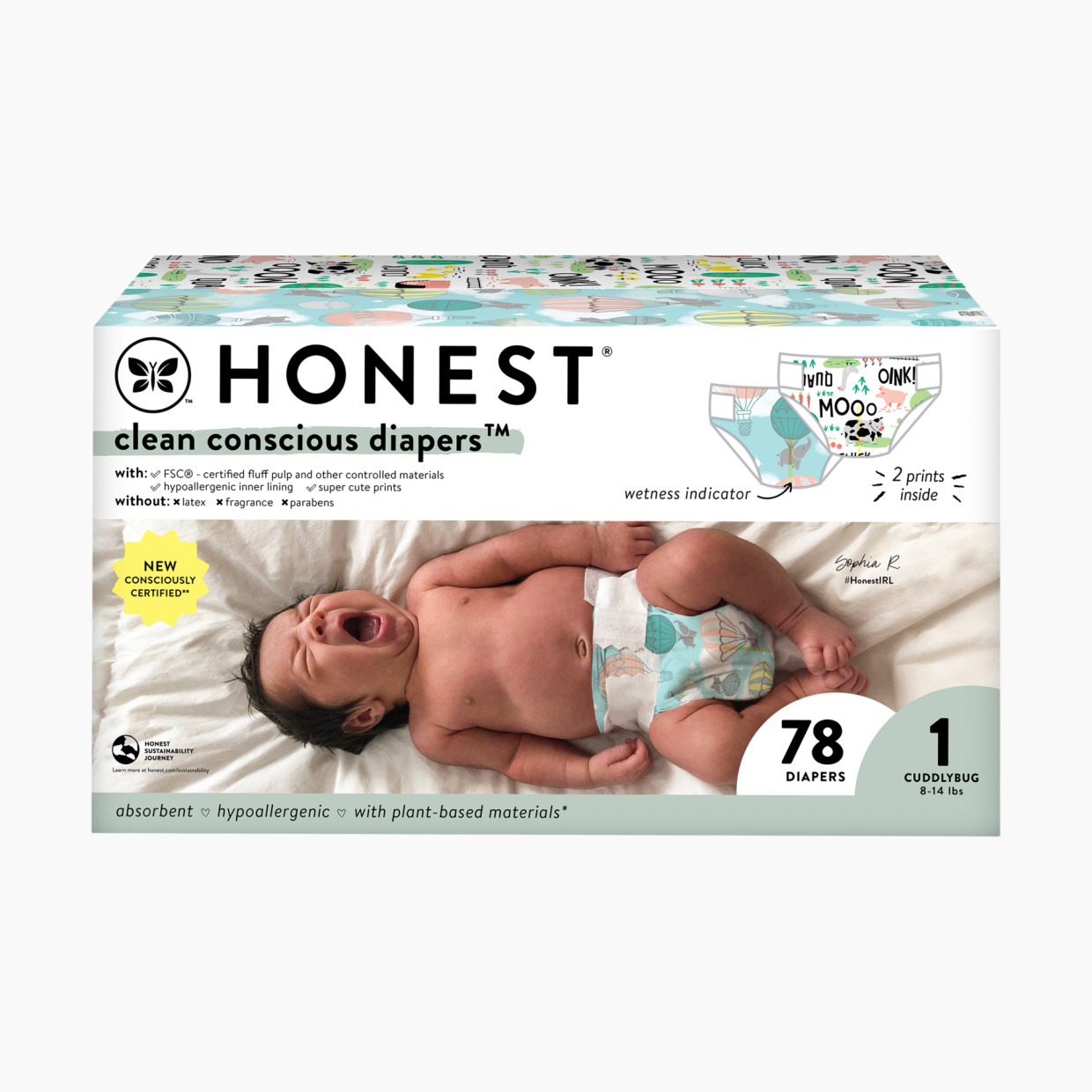 The Honest Company Clean Conscious Disposable Diapers - Dots+Dashes + Multi-Giraffes, Size 1, 78 Count.