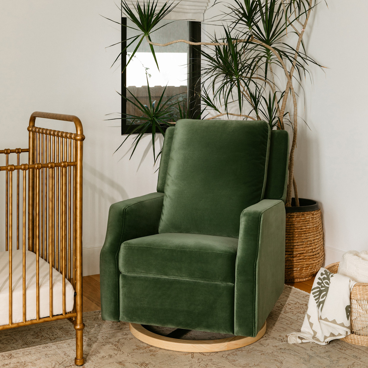 Namesake Crewe Recliner and Swivel Glider - Forest Green Velvet With Light Wood Base.