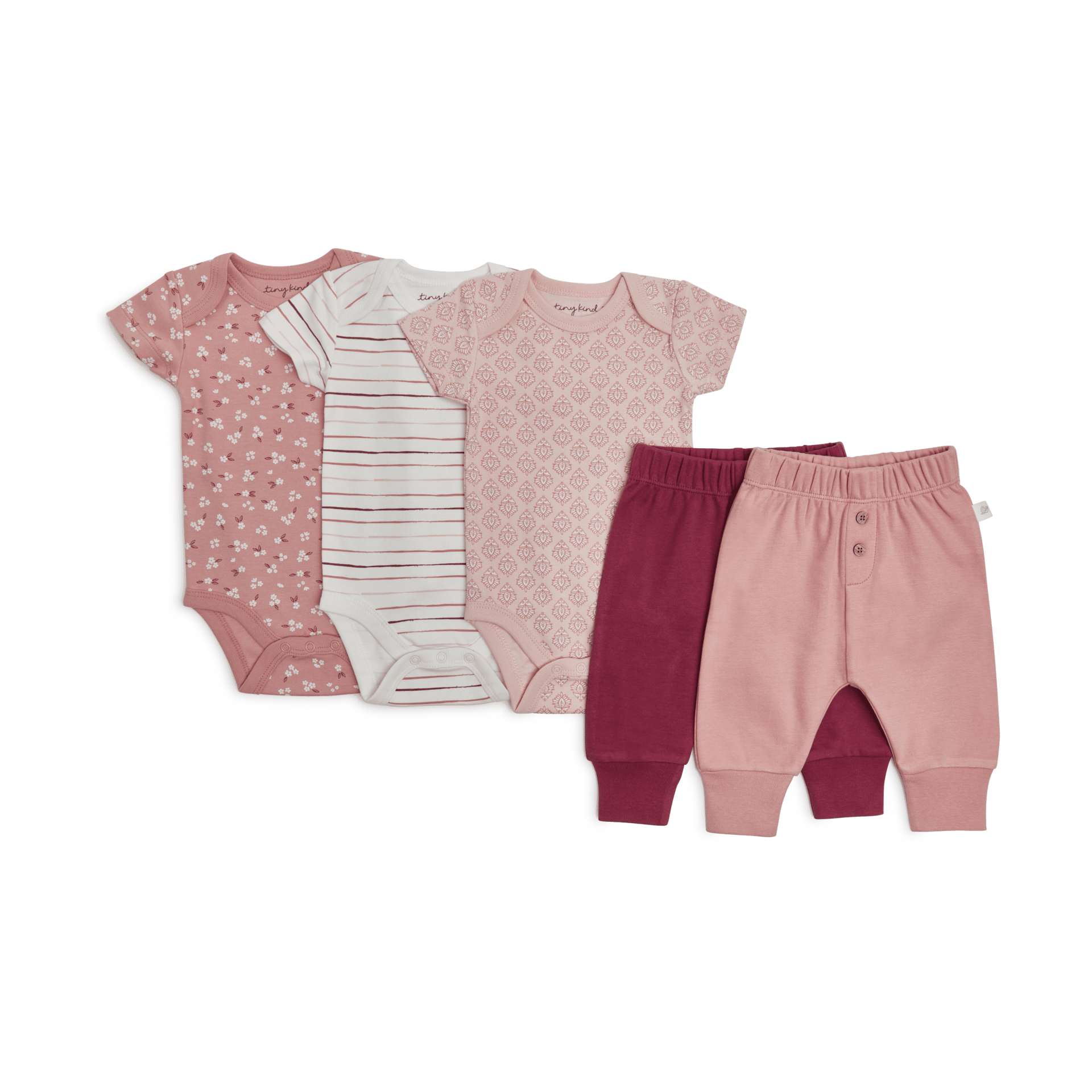 Tiny Kind 3 Pack Assorted Organic Cotton Bodysuits - Assorted Pinks, 3-6 M.