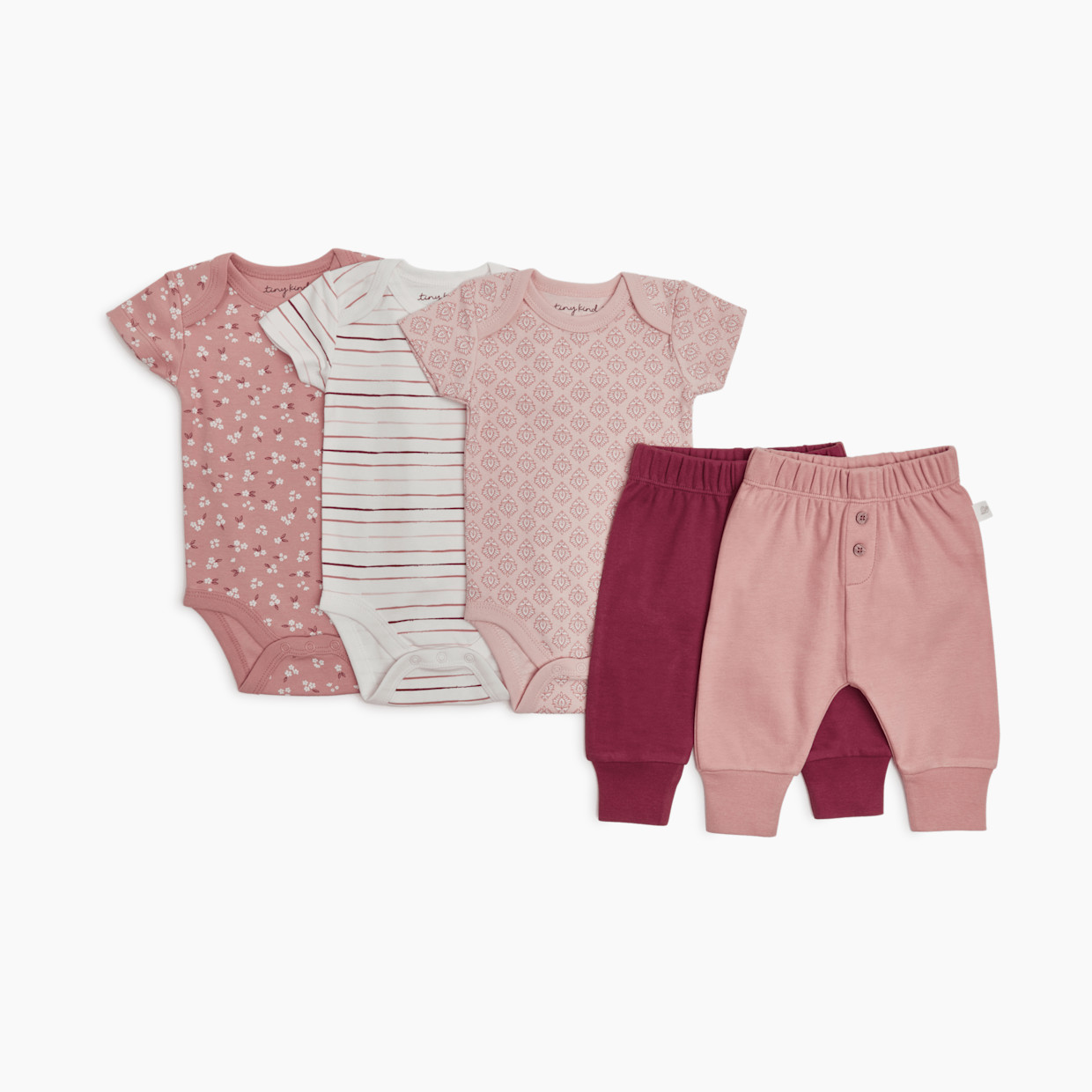Tiny Kind 3 Pack Assorted Organic Cotton Bodysuits - Assorted Pinks, Newborn.