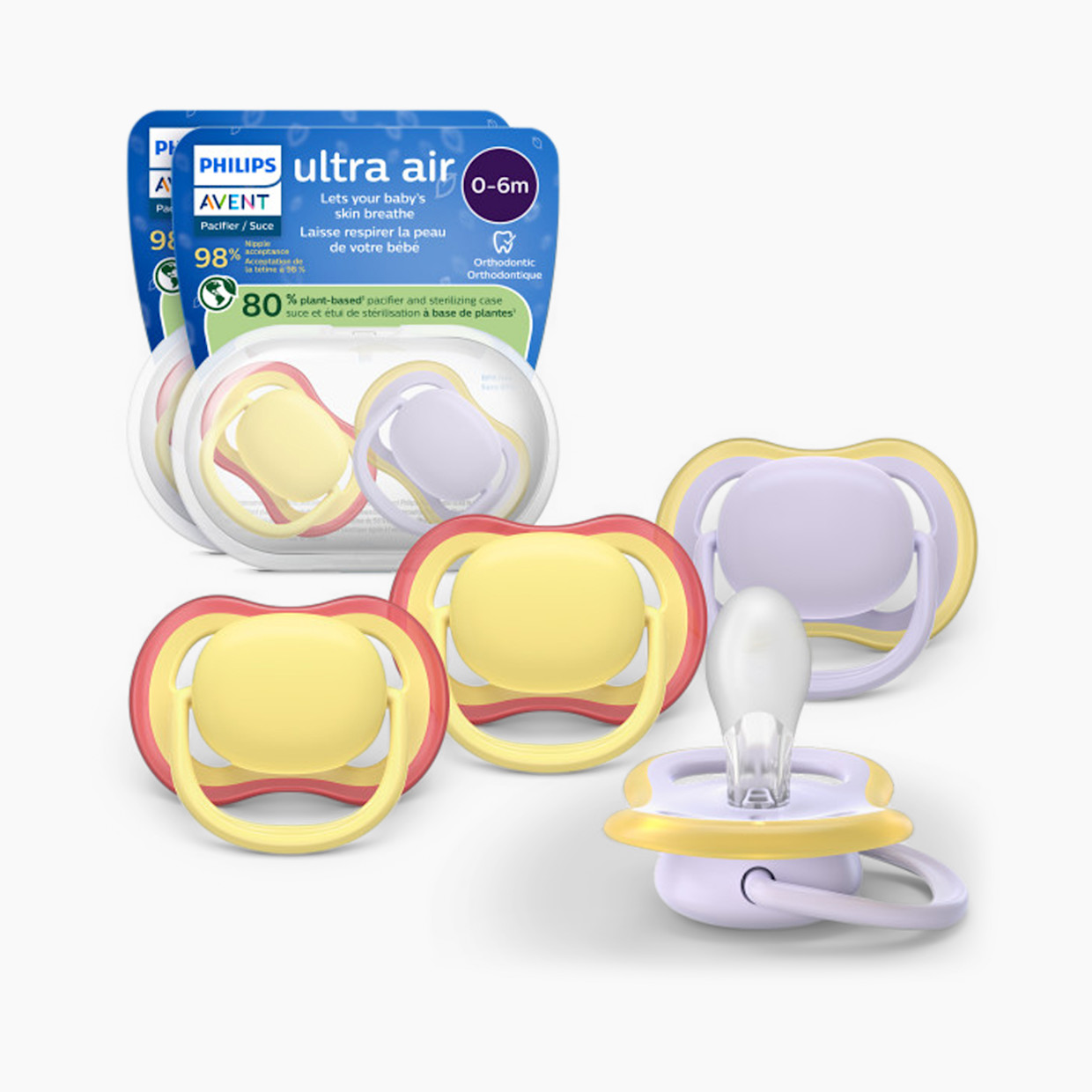 Philips Avent Ultra Air Pacifier 0-6M (4 Pack) - Powder Yellow / Fresh Lilac, 0-6M.