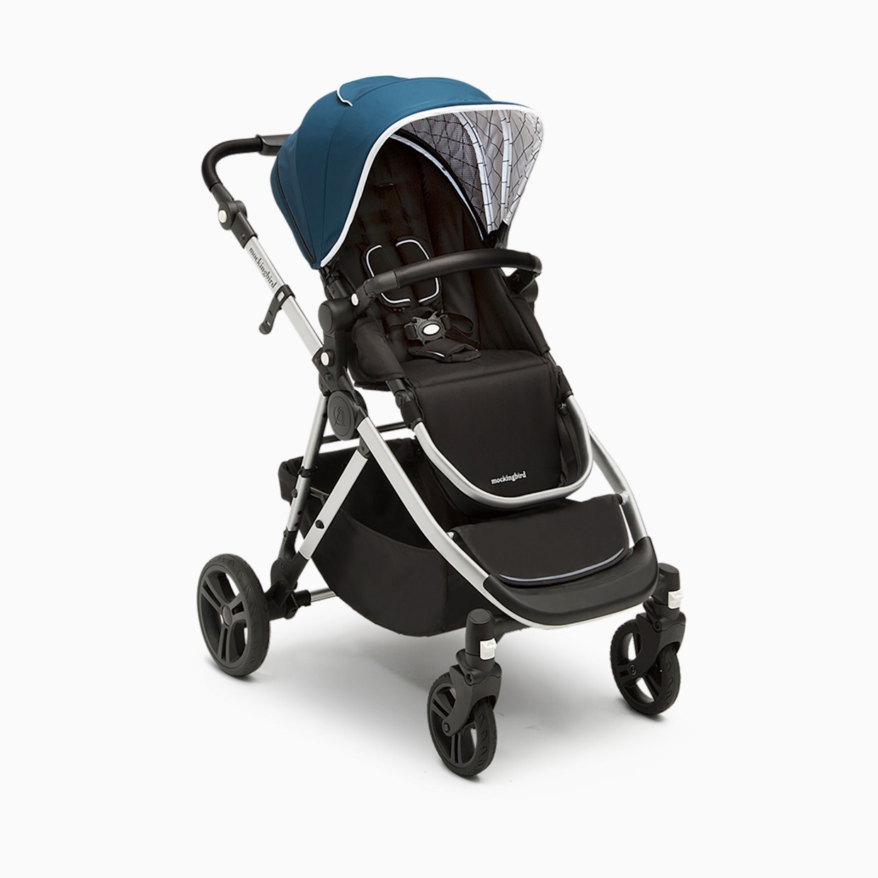 Mockingbird Single-to-Double Stroller 2.0 - Sea/Windowpane Canopy With Black Leather (2020).