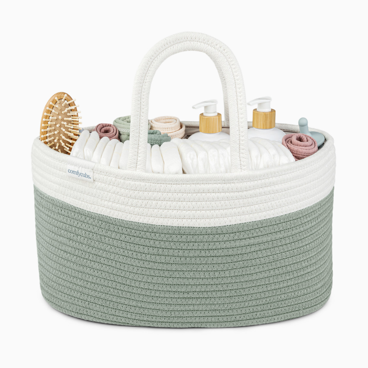 Comfy Cubs Rope Diaper Caddy Organizer with 3 Compartments - Sage.