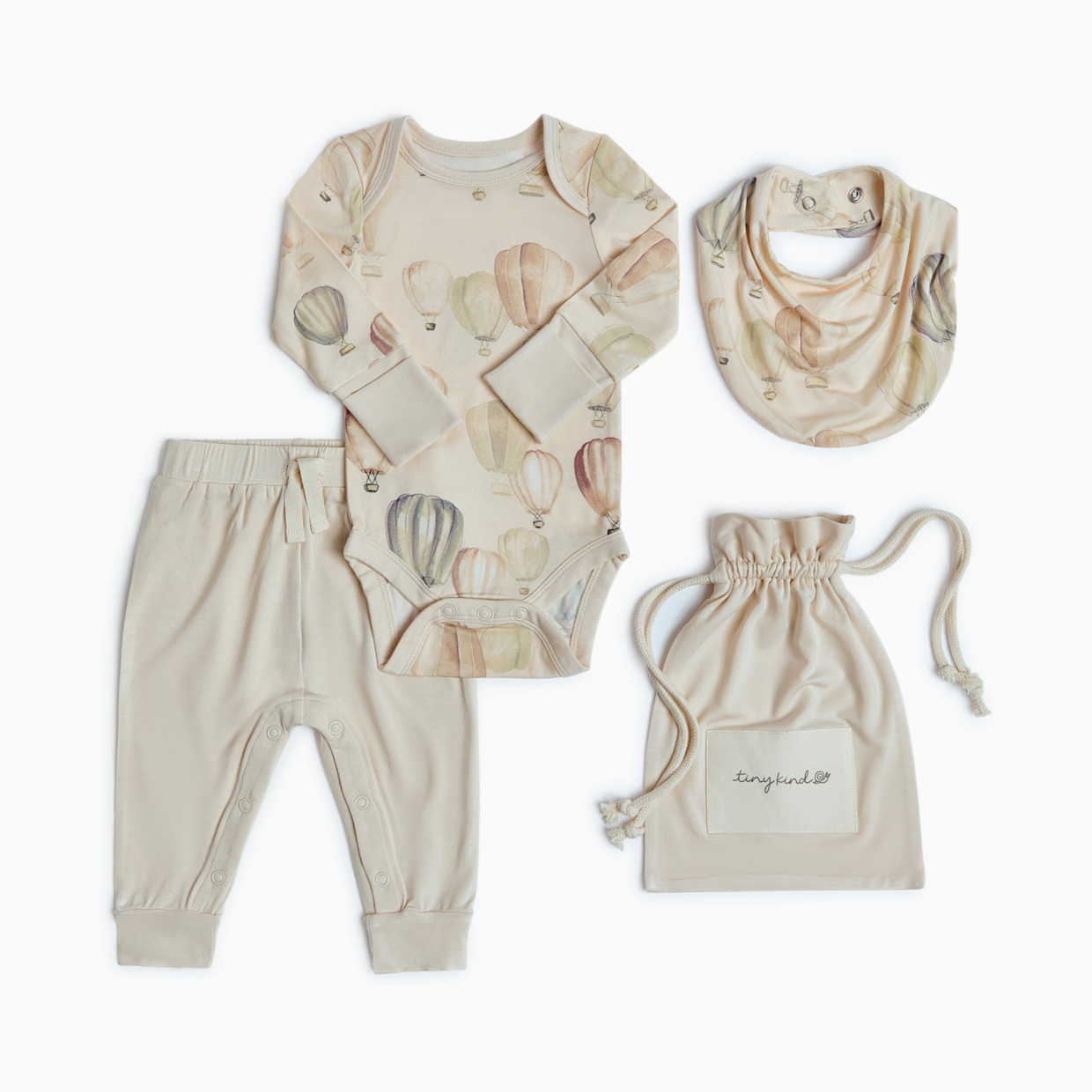 Tiny Kind Bamboo Viscose 3-Piece Outfit Set-Long Sleeve Bodysuit, Pants & Bib - Up Up Away, Nb.
