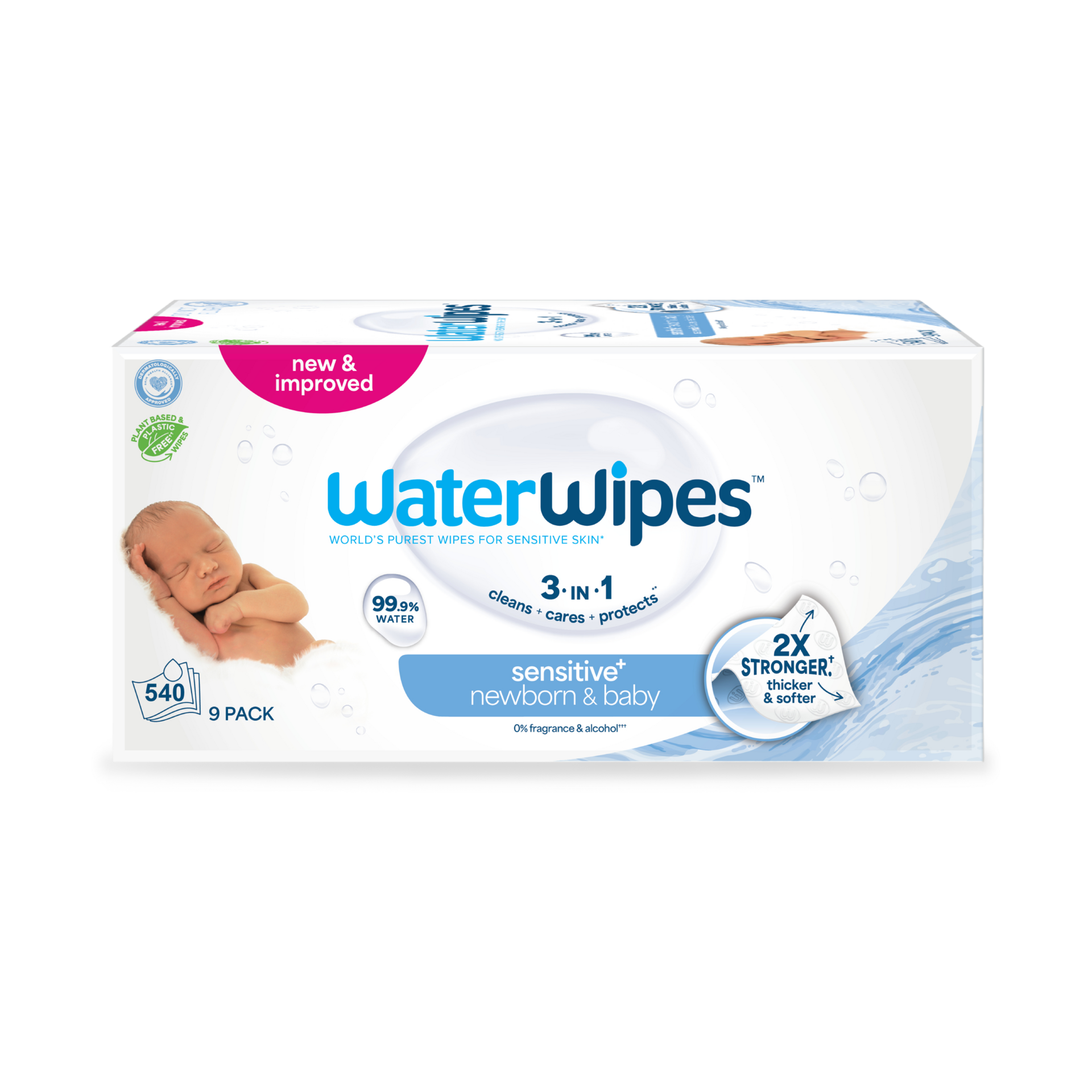WaterWipes Sensitive+ Newborn & Baby Wipes, 3-In-1 Cleans, Cares, Protects, 99.9% Water, Unscented & Hypoallergenic, 540 Count (9 Packs)