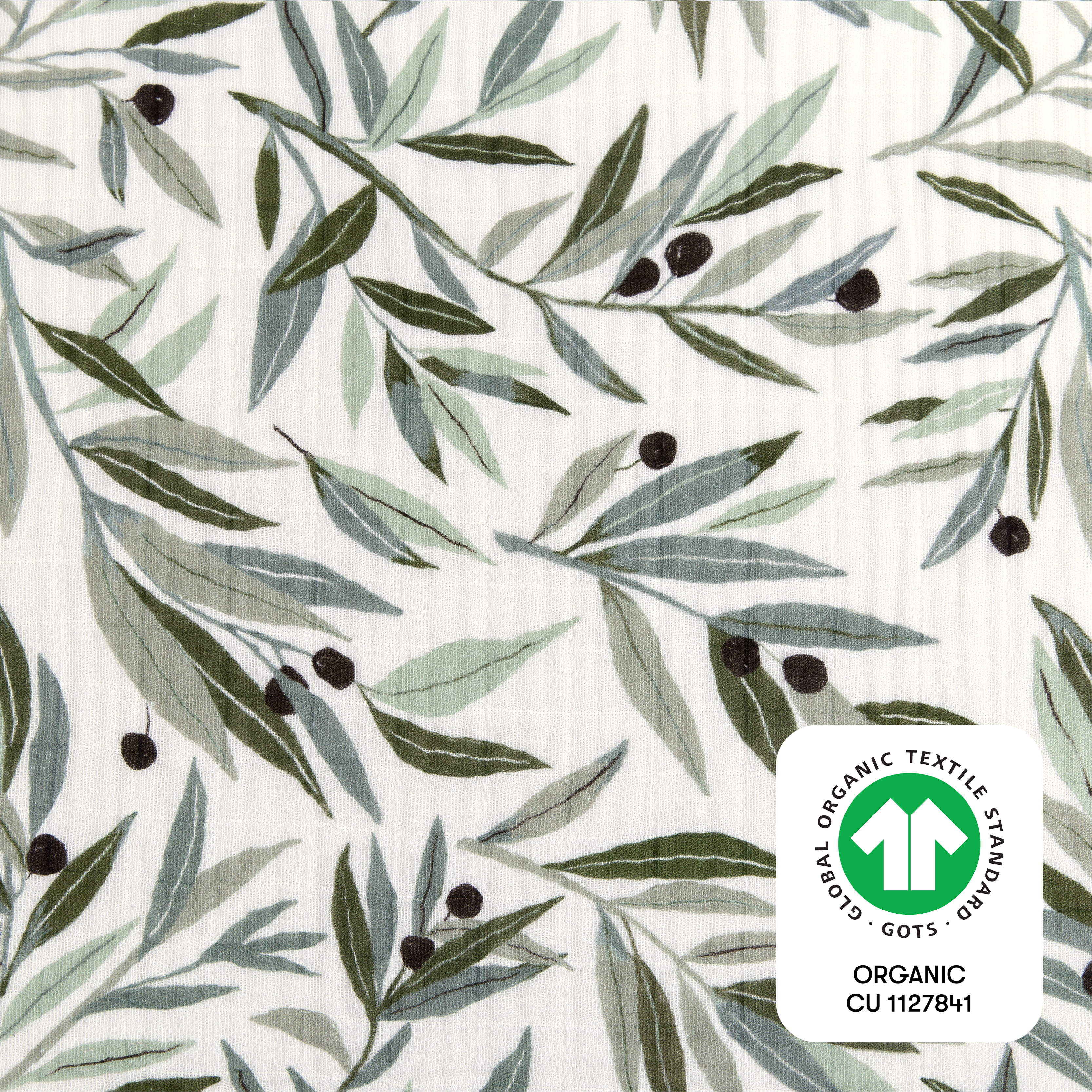 babyletto Crib Sheet in GOTS Certified Organic Muslin Cotton - Olive Branches.
