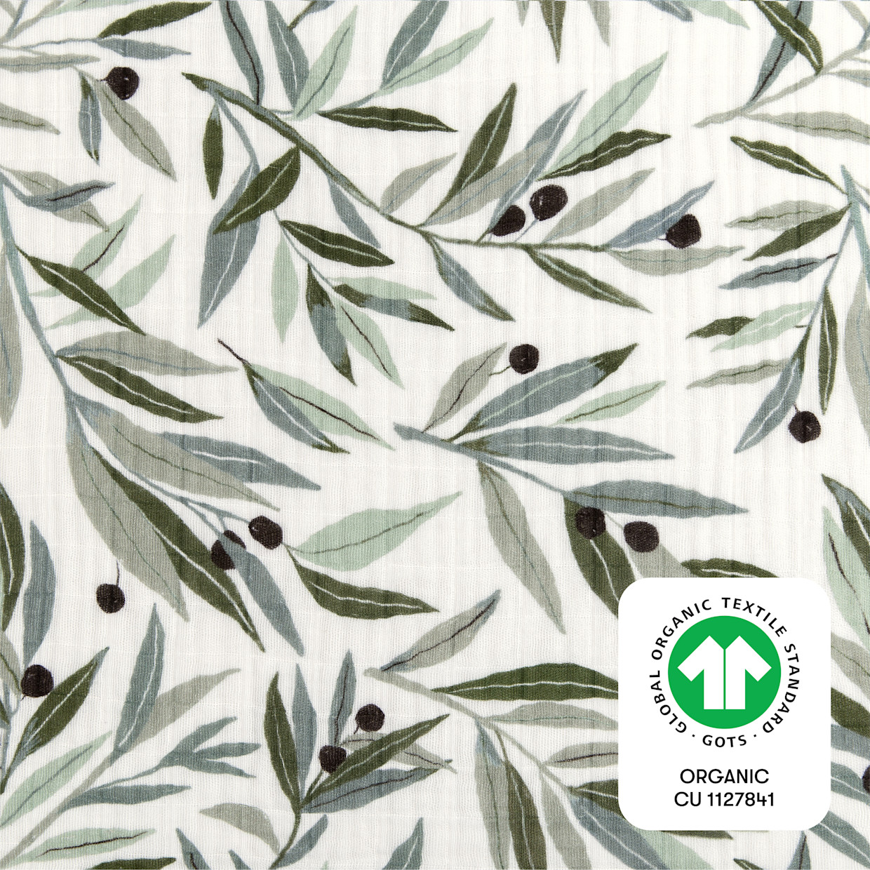 babyletto Crib Sheet in GOTS Certified Organic Muslin Cotton - Olive Branches.